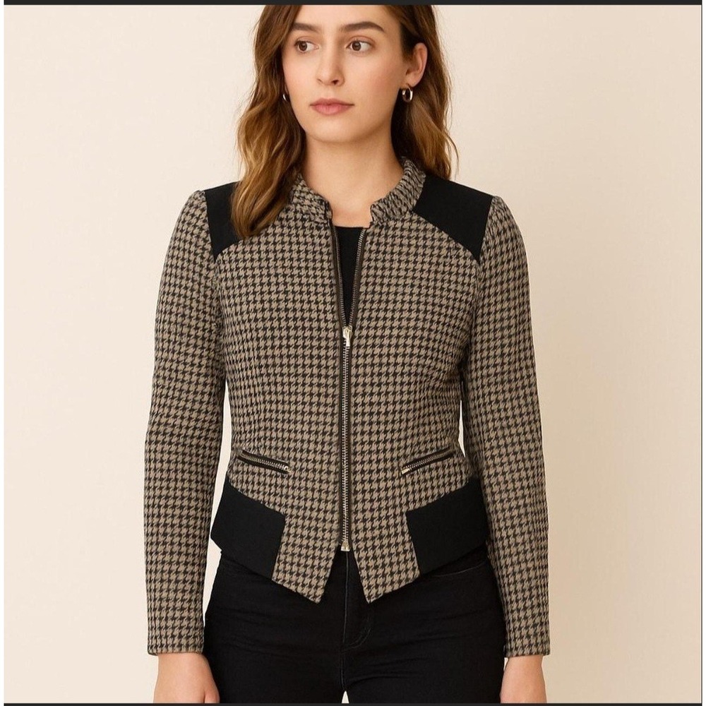 White House Black Market Houndstooth Plaid Zip Front Blazer Jacket Camel Sz 12